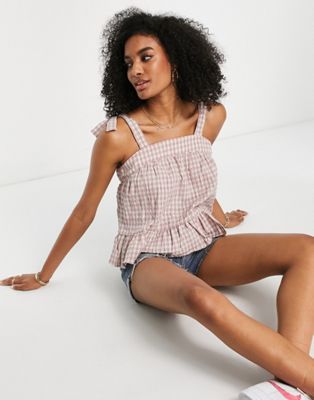 Y.A.S tie shoulder cami top co-ord in pink & white gingham