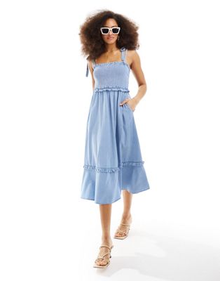 tie shoulder chambray denim midi dress with shirred bust in blue