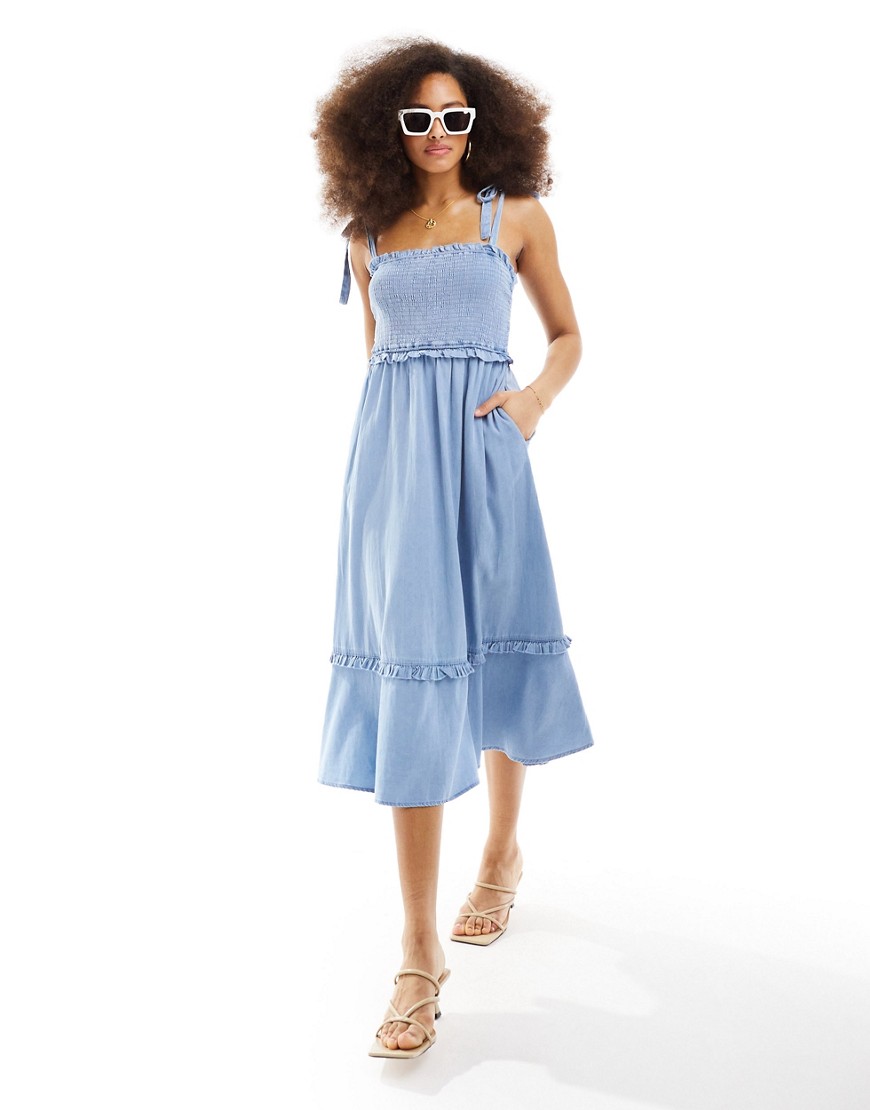 Y.a.s. Tie Shoulder Chambray Denim Midi Dress With Shirred Bust In Blue