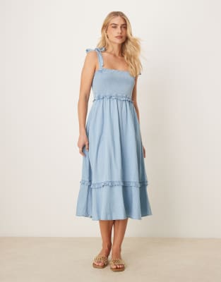 Y.a.s. Tie Shoulder Chambray Denim Midi Dress With Shirred Bust In Blue