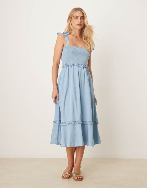 YAS tie shoulder chambray denim midi dress with shirred bust in blue