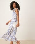 [YAS] YAS tie shoulder floral midi dress in blue and white 6 Star white