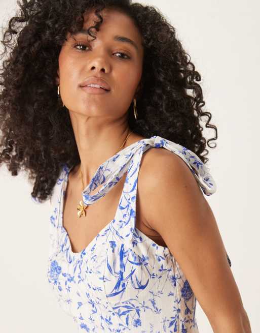 YAS tie shoulder floral midi dress in blue and white, 3 of 4
