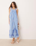 [YAS] YAS tie shoulder smock maxi dress with premium floral embroidered detail in blue stripe 14 Super sonic