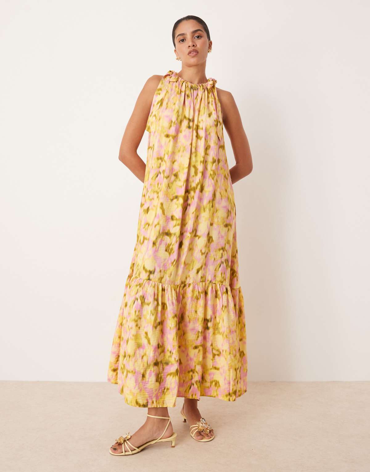 YAS tie shoulder tiered hem detail maxi dress in pink and green blurred floral print