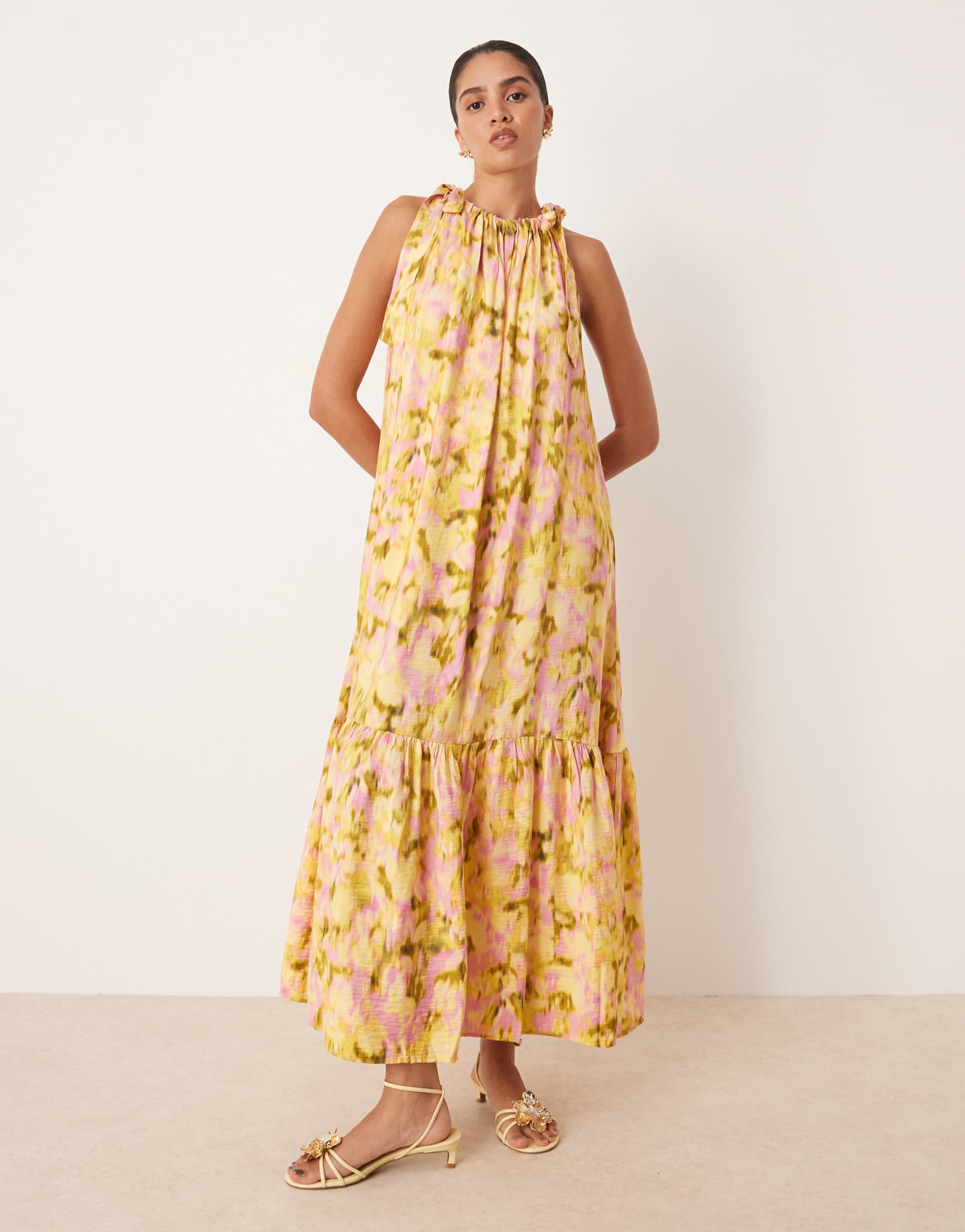 yas tie shoulders tiered hem detail maxi dress in pink and green blurred floral print