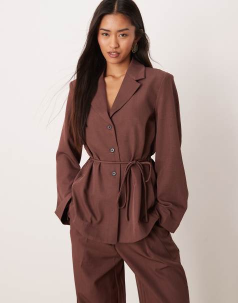 YAS tie waist blazer co-ord in burgundy melange
