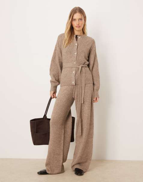 YAS tie waist cable knit cardigan and wide leg trouser set in light brown - view 1