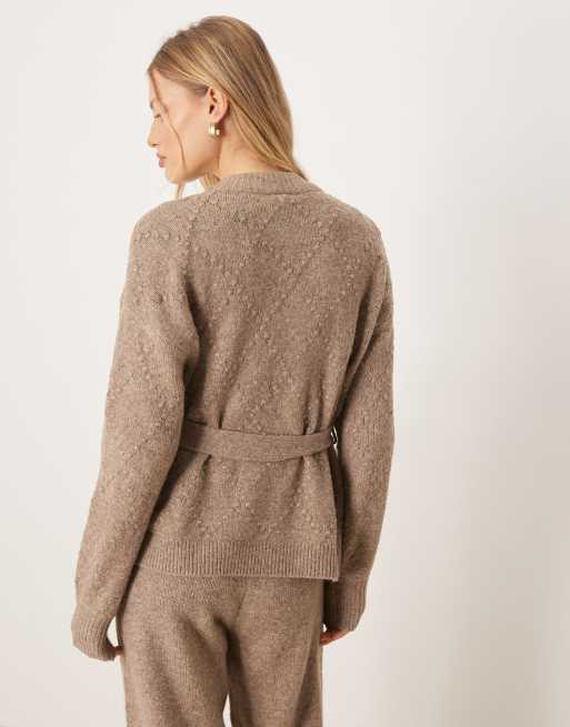 YAS tie waist cable knit cardigan in light brown - part of a set, 2 of 4
