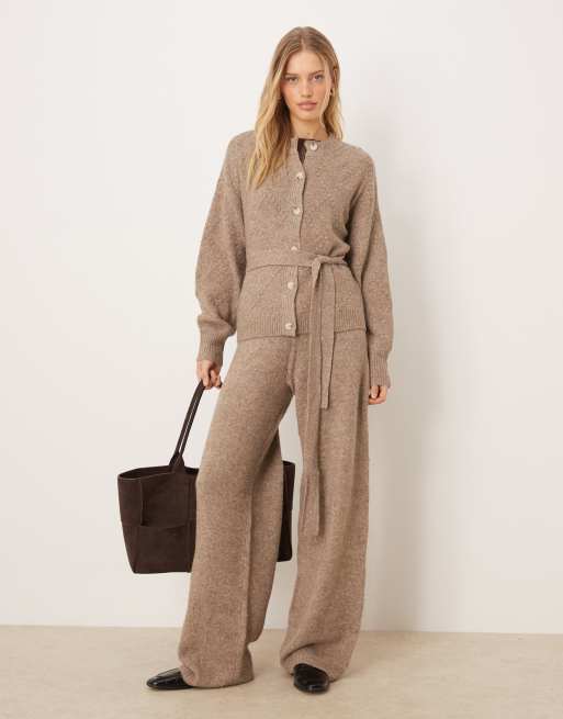 YAS tie waist cable knit cardigan in light brown, 3 of 4