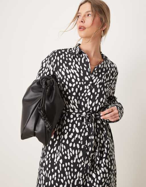 YAS tie waist maxi shirt dress in black spot print, 2 of 4