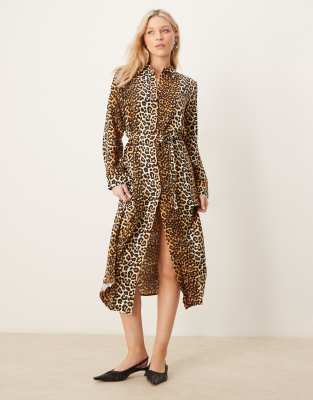 tie waist maxi shirt dress in leopard print-Multi