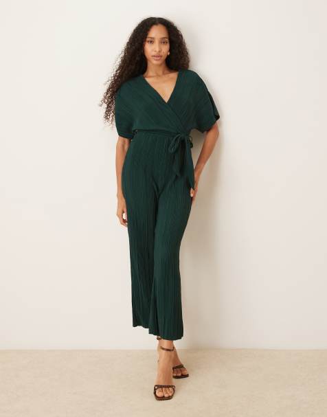YAS tie waist plisse jumpsuit in deep jewel green - view 1