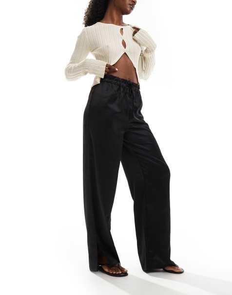 YAS tie waist satin wide leg trouser in black - BLACK