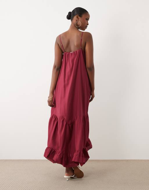 YAS  tiered a-line cami maxi dress in beetroot red, 4 of 4