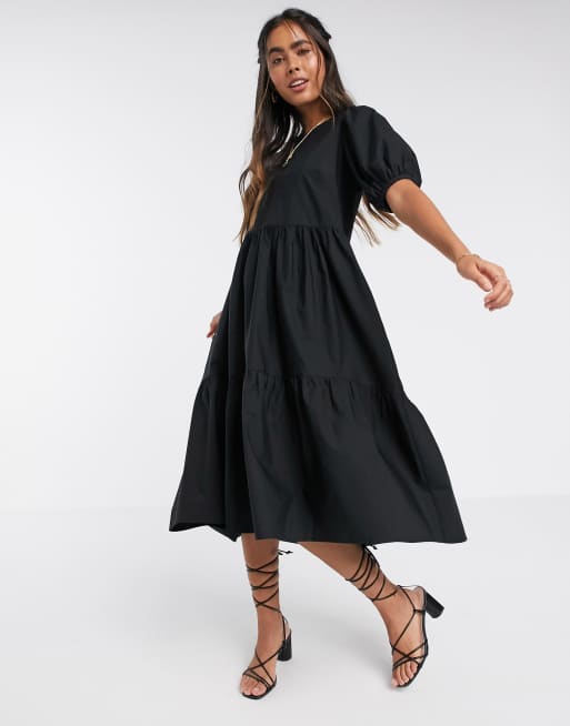 Y.A.S tiered midi smock dress with puff sleeve in black | ASOS