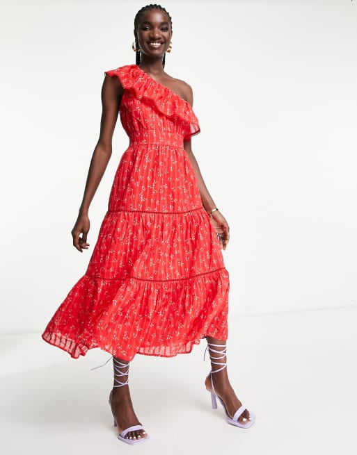 Y.A.S tiered one shoulder midi dress in red ditsy | ASOS