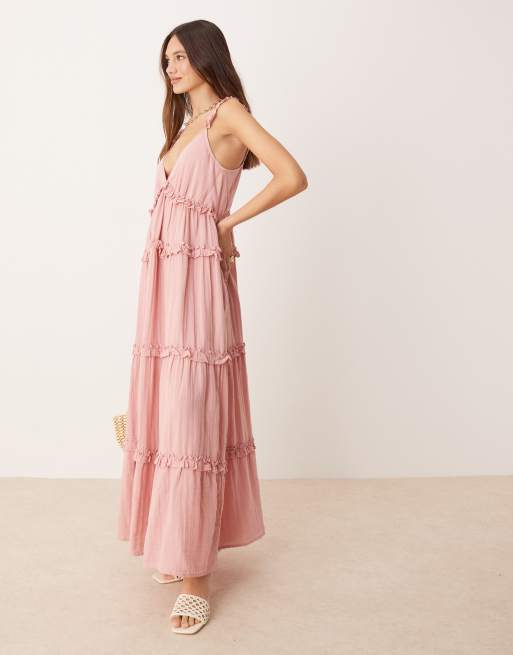YAS tiered ruffle detail cami maxi dress in dusty pink, 4 of 4