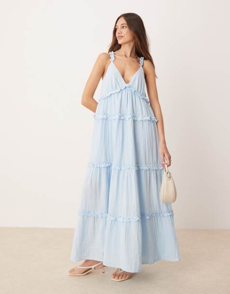 YAS tiered ruffle detail cami maxi dress in soft blue - view 1