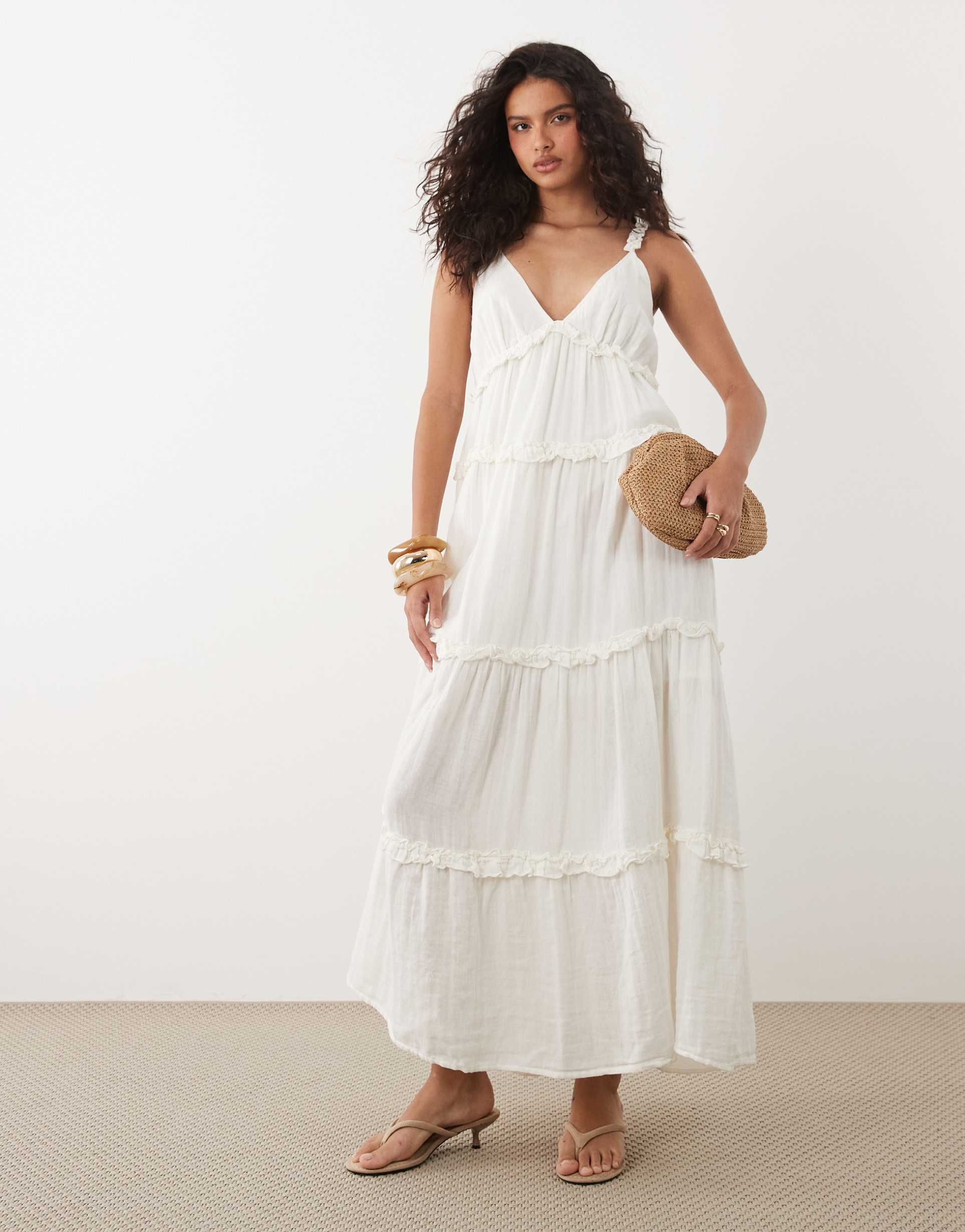 yas tiered ruffle detailing cami maxi dress in white