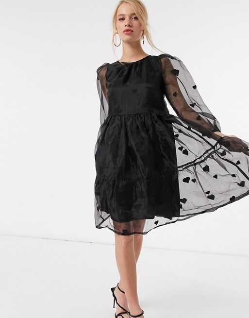 Y.A.S tiered smock dress with heart print in black organza