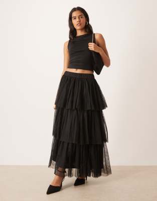 Y.a.s. Tiered Tulle Midi Skirt In Black