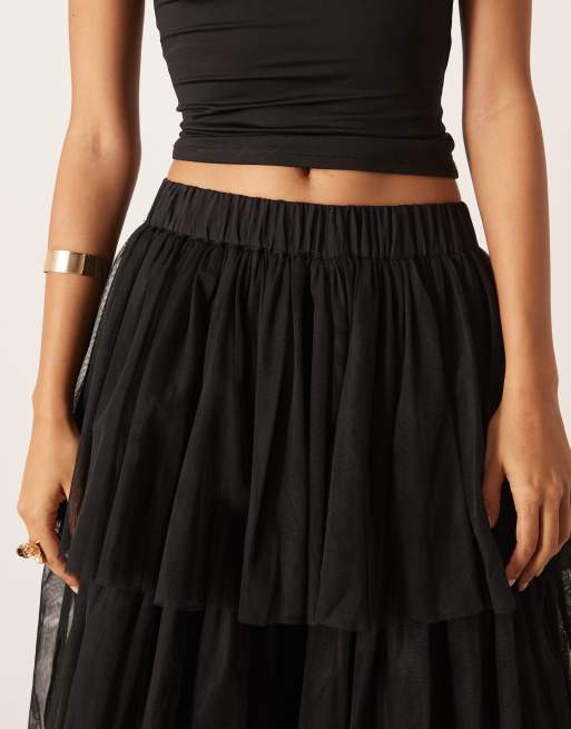 YAS tiered tulle midi skirt in black | ASOS