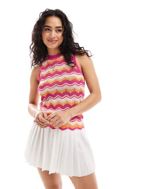 Y.A.S - Top a canottiera in maglia all'uncinetto con motivo a spina di pesce a righe rosa e arancioni