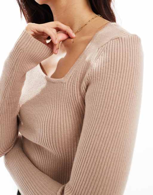 YAS - Top a maniche lunghe in maglia beige con scollo asimmetrico, 3 di 4