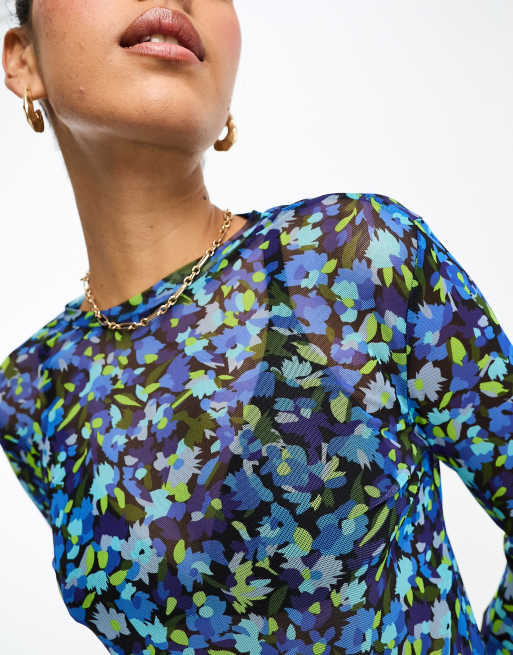 Y.A.S - Top a maniche lunghe in rete blu con stampa a fiori, 3 di 4