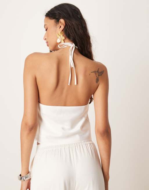 YAS - Top allacciato al collo bianco gardenia con fiore al collo in coordinato, 4 di 4