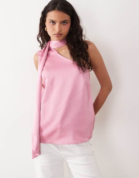 YAS - Top asymétrique en satin avec détail foulard - Rose - view 1