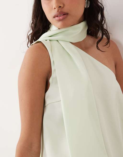 YAS - Top asymétrique en satin avec détail foulard - Vert, 3 de 4