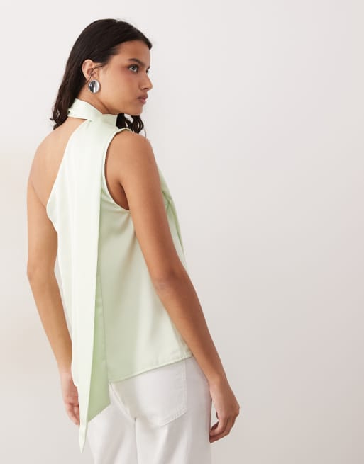 YAS - Top asymétrique en satin avec détail foulard - Vert, 4 de 4