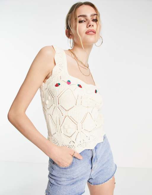 Y.A.S - Top au crochet à broderie fraise - Crème