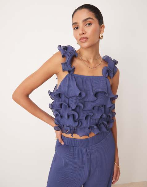 YAS - Top blu intenso con volant strutturati in coordinato - view 1