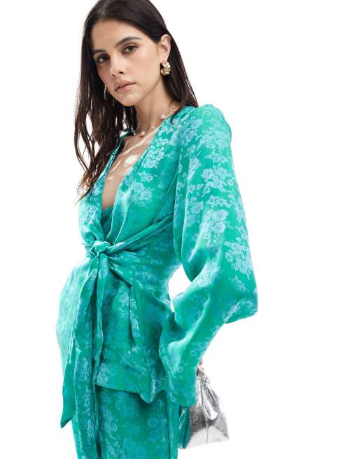 Y.A.S - Top cache-cœur d'ensemble en jacquard fleuri effet satin avec liens à nouer et manches larges - Sarcelle