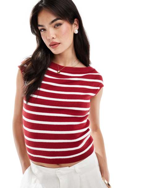 Y.A.S - Top con spalle scoperte in maglia rosso a righe bianche - view 1