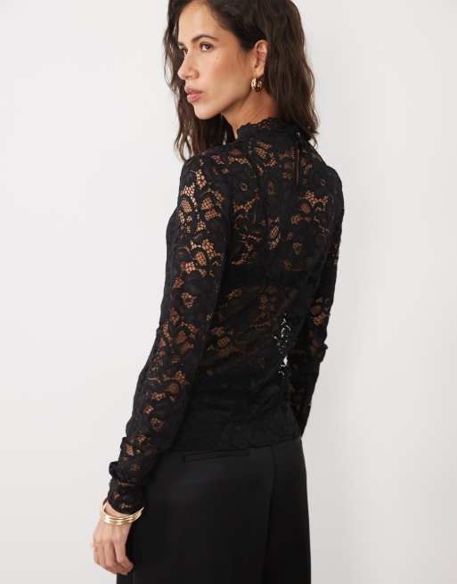 YAS - top de encaje floral negro de manga larga y cuello alto, 4 de 4