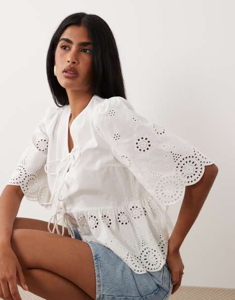 YAS - Top en broderie anglaise de coton avec liens noués sur le devant - Blanc - view 1