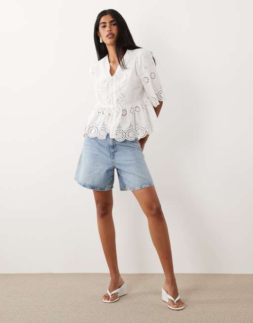 YAS - Top en broderie anglaise de coton avec liens noués sur le devant - Blanc, 2 de 4