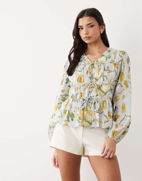 YAS - Top en coton doux à fleurs avec manches longues et liens devant - view 1