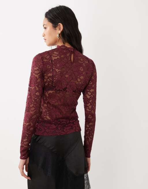 YAS top en dentelle fleurie à manches longues et col montant bordeaux, 4 de 4