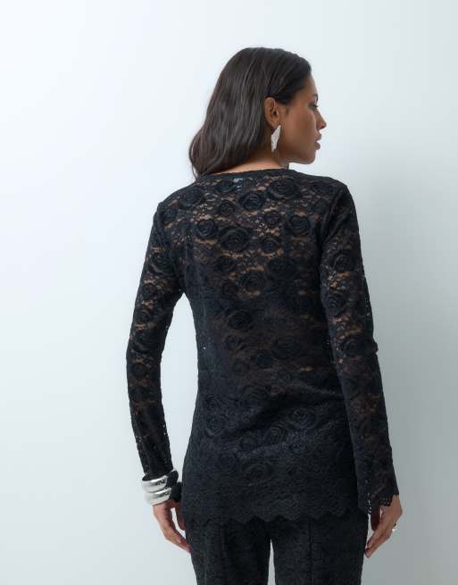 YAS top en dentelle transparente à manches longues, ensemble coordonné noir, 4 de 5