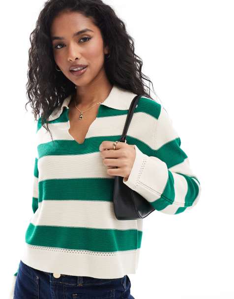 YAS - Top in maglia oversize color betulla e verde a righe con colletto - view 1