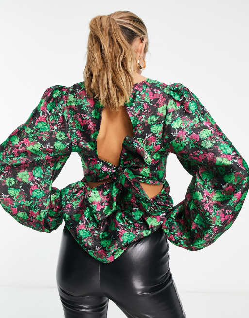Y.A.S - Top in organza a fiori con fiocco sul retro 