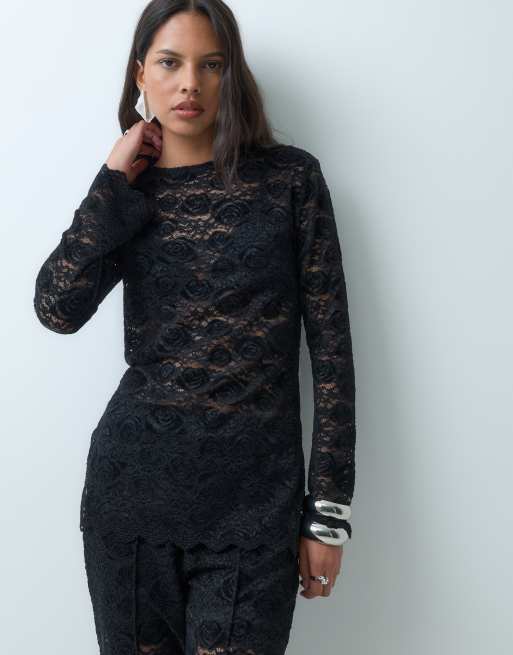 YAS top in pizzo trasparente a maniche lunghe, coordinato, nero, 5 di 5
