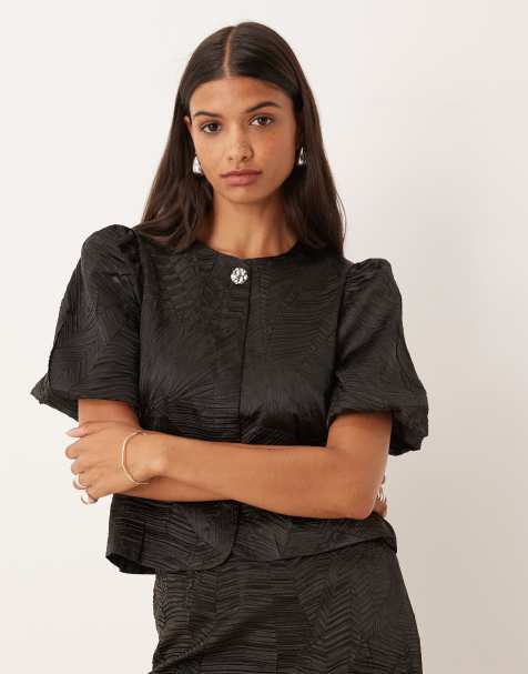 YAS - Top jacquard nero con maniche a sbuffo in coordinato - view 1