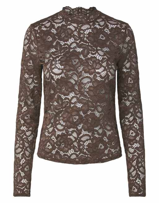 YAS top met lange mouwen in chocoladebruin, 6 van 7