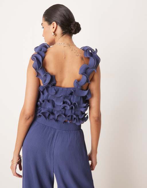 YAS - Top met ruches met structuur in diepblauw, deel van co-ord set, 4 van 4